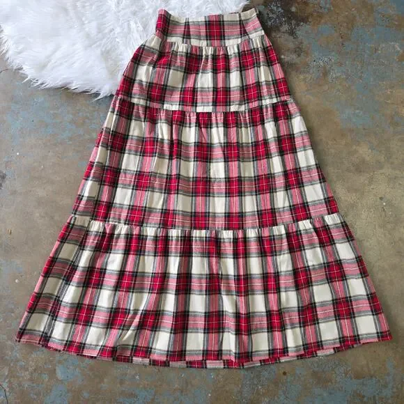 Show Me Your Mumu Melody Maxi Skirt Size L Flannel Plaid Prairie Tiered Red